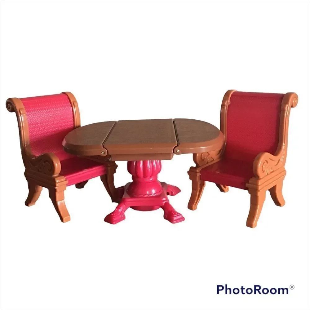 Fisher Price Loving Family Dollhouse Brown Dining Room Table 2 Red Chairs